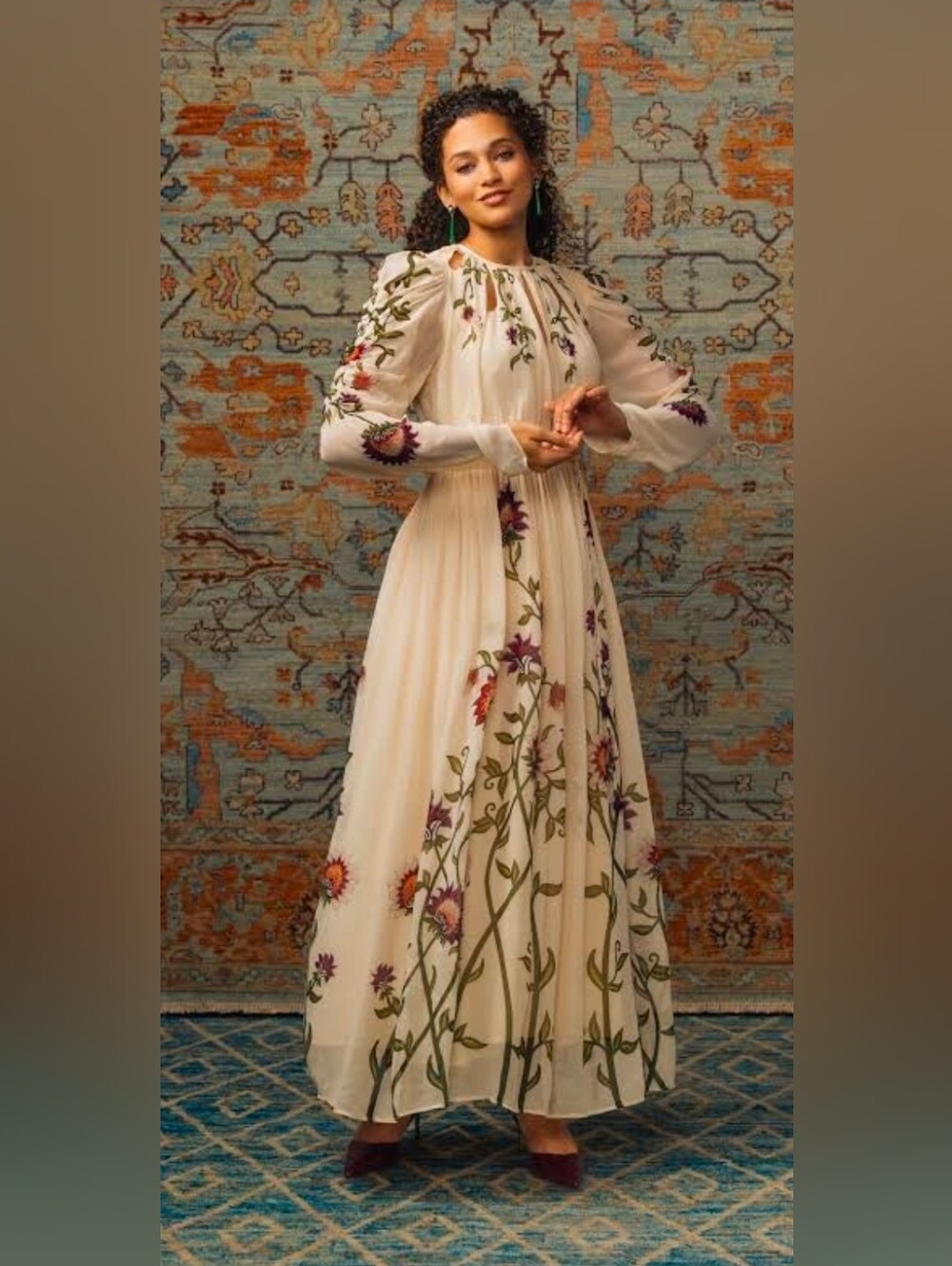 FARM Rio Cream Maxi Dress with Multicolor Floral Embroidery